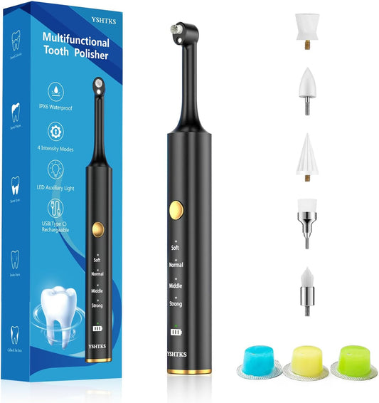 Tooth Polisher, Tooth Clean and whitening kit, 5 Multi -Function Brush Heads and LED Lights, 4 Speed Modes, and IPX6 Waterproof, Handsel 3 Tooth Polish Paste