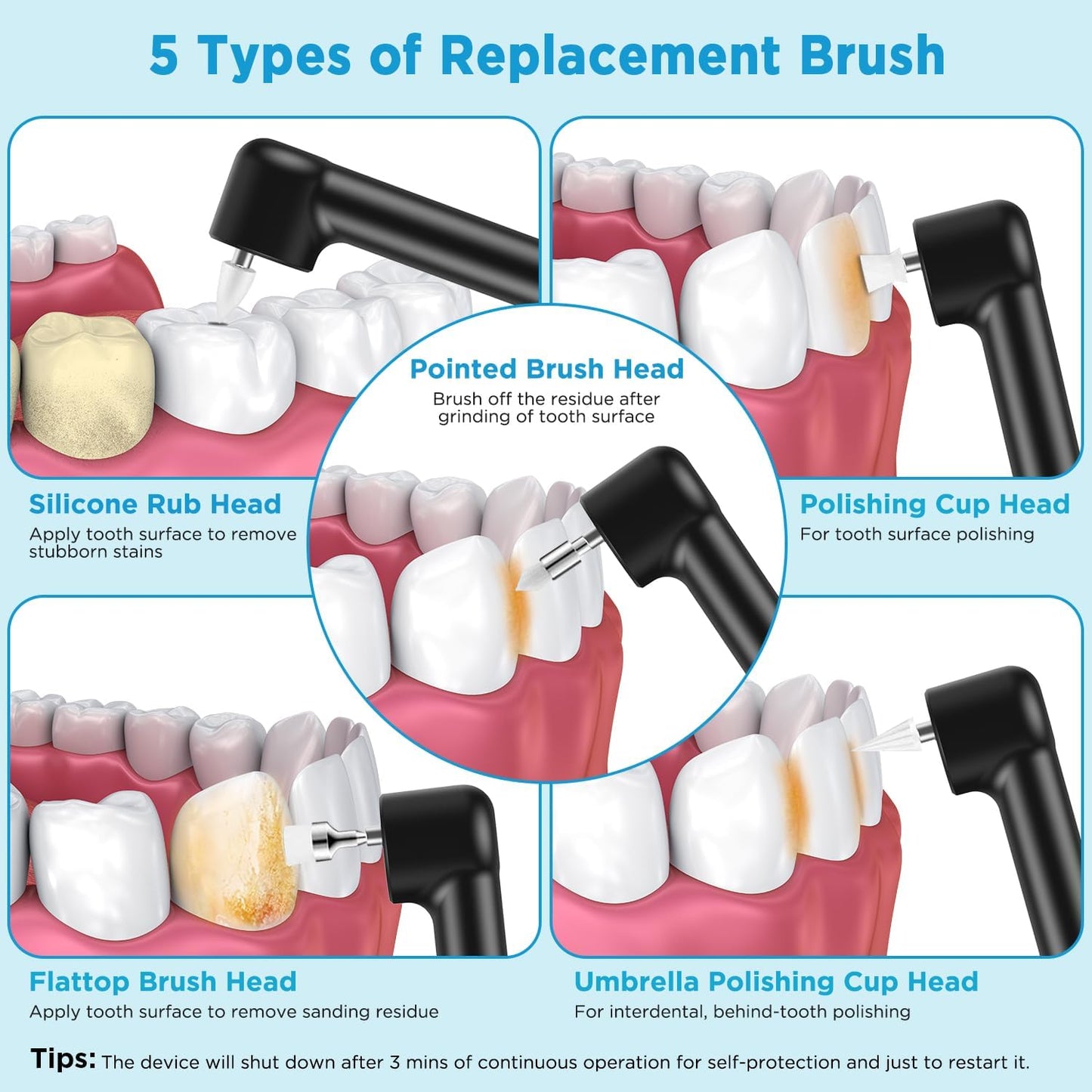Tooth Polisher, Tooth Clean and whitening kit, 5 Multi -Function Brush Heads and LED Lights, 4 Speed Modes, and IPX6 Waterproof, Handsel 3 Tooth Polish Paste