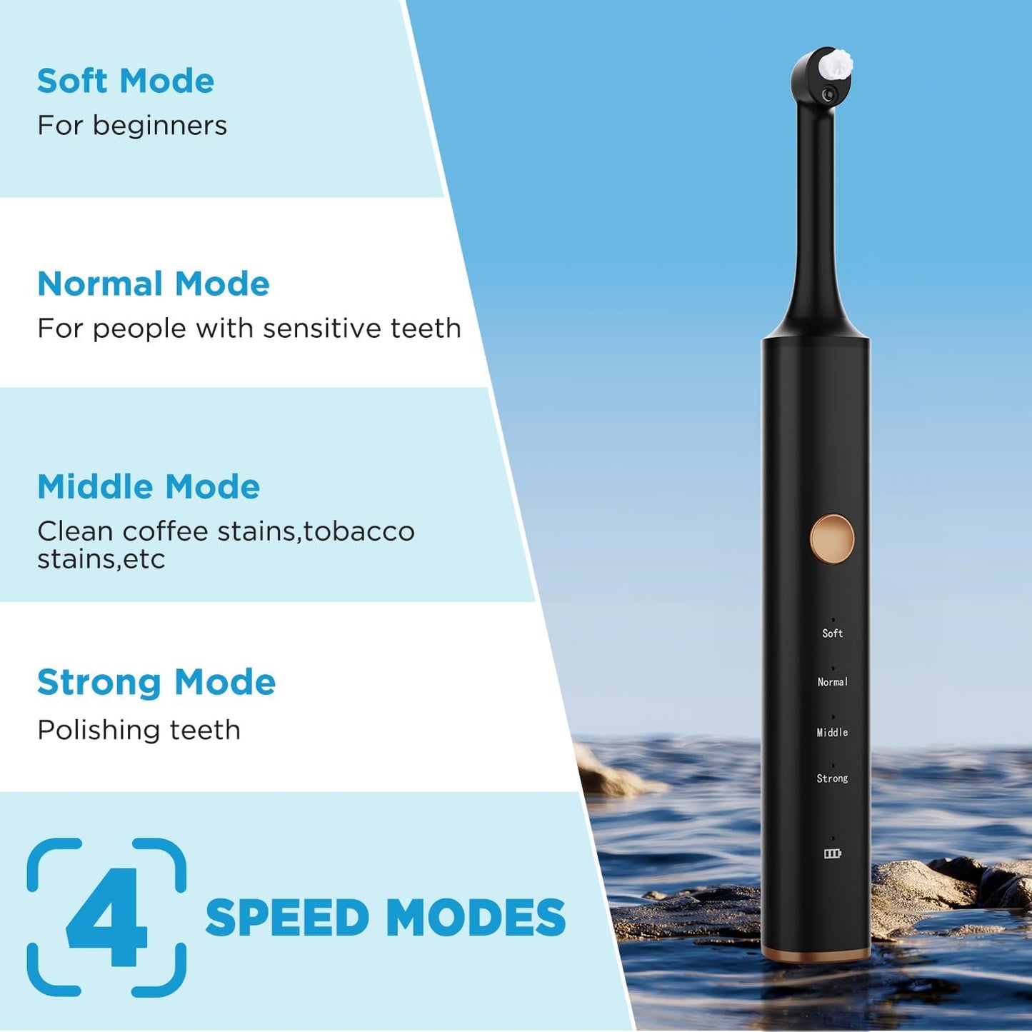 Tooth Polisher, Tooth Clean and whitening kit, 5 Multi -Function Brush Heads and LED Lights, 4 Speed Modes, and IPX6 Waterproof, Handsel 3 Tooth Polish Paste